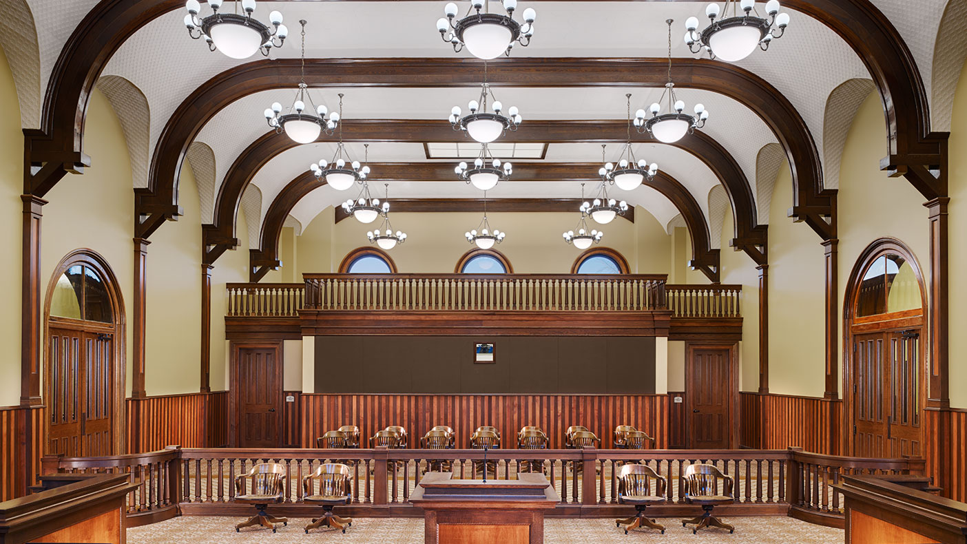 Primary improvements included new building systems, compliance with ADA and life safety codes, and restoring the original courtroom to serve as the County Board room.
