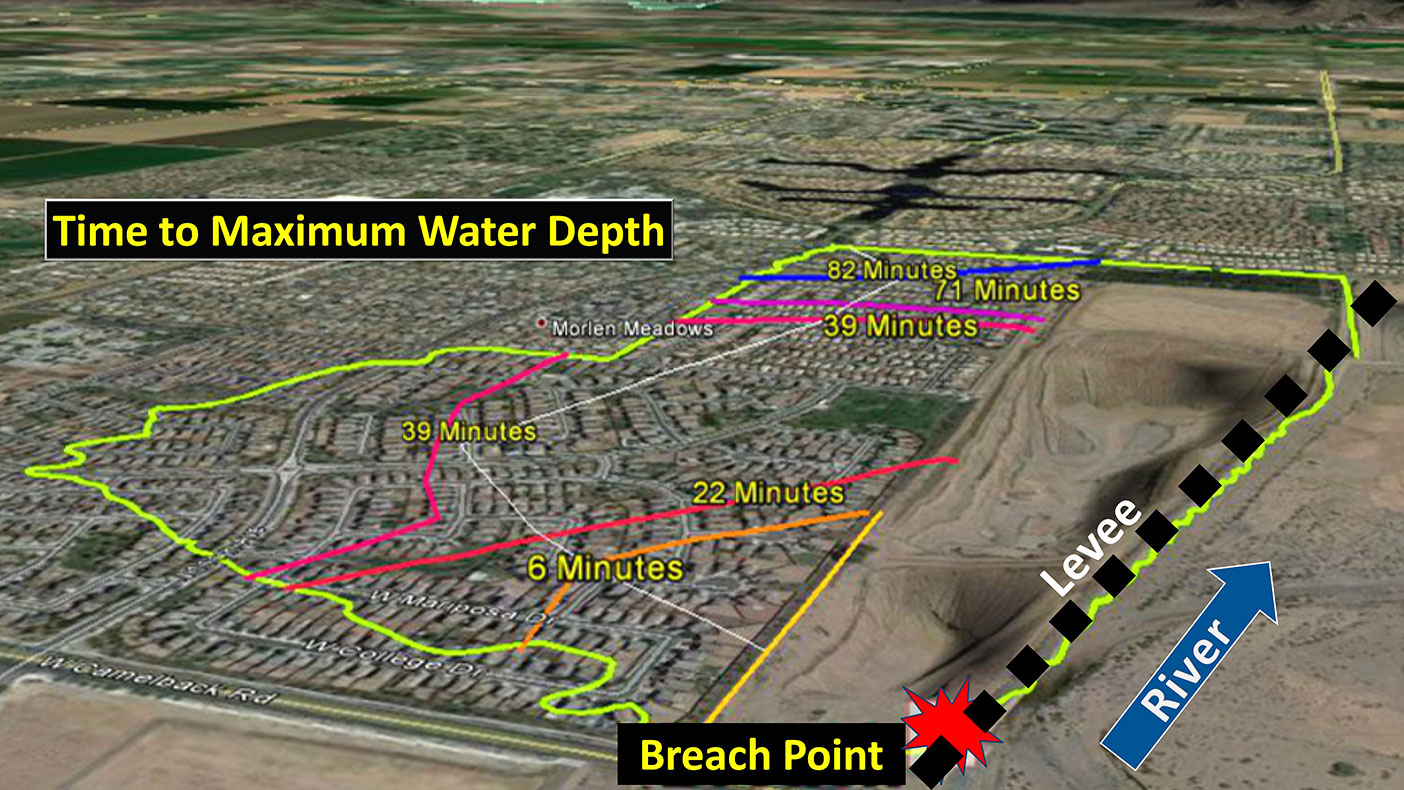 In the event of a levee breach, the amount of time it would take to reach maximum water depth varies depending on the inundation area. Our study concluded it could take as little as six minutes to reach maximum water depth for some homes.