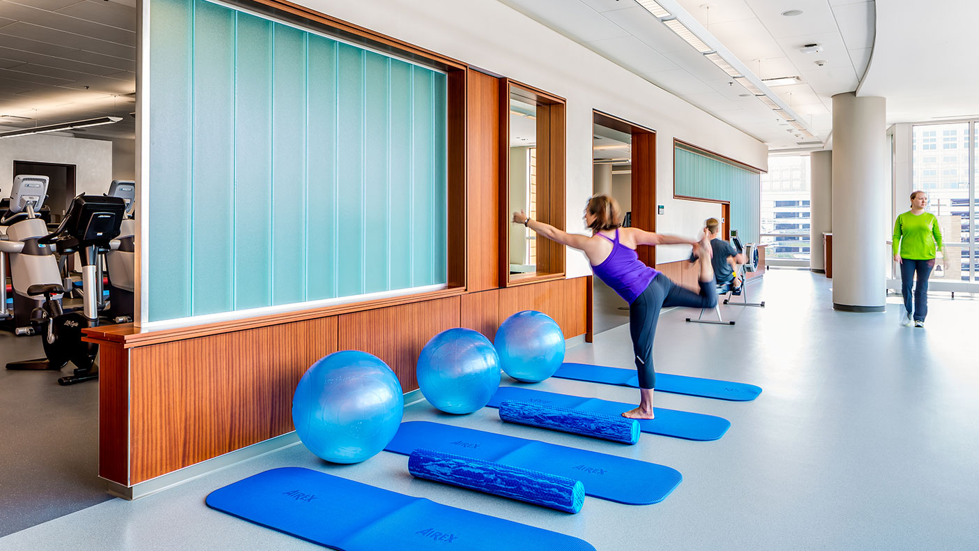 Spaces include swimming, aerobics, and strength training areas; education and research facilities; classrooms; a library; resource areas; and a meditation room.