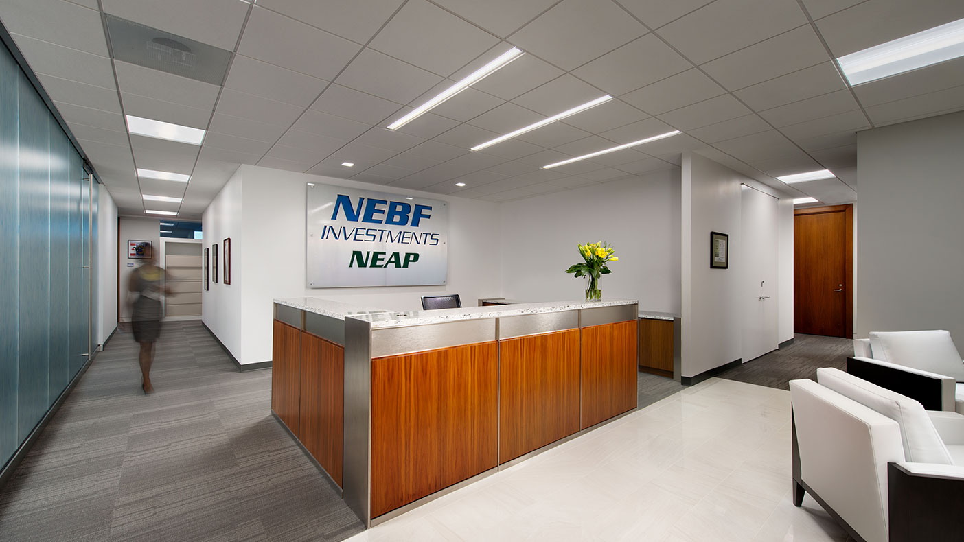 The reception area highlighted NEBF Investments' corporate identity as it welcomes visitors with its modern design.