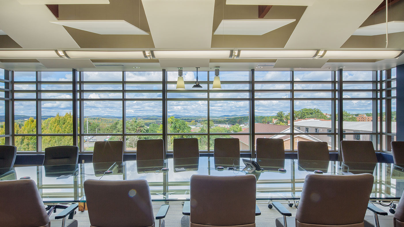 A windowed board room adds a sleek, modern look and connects the building with the surrounding community.