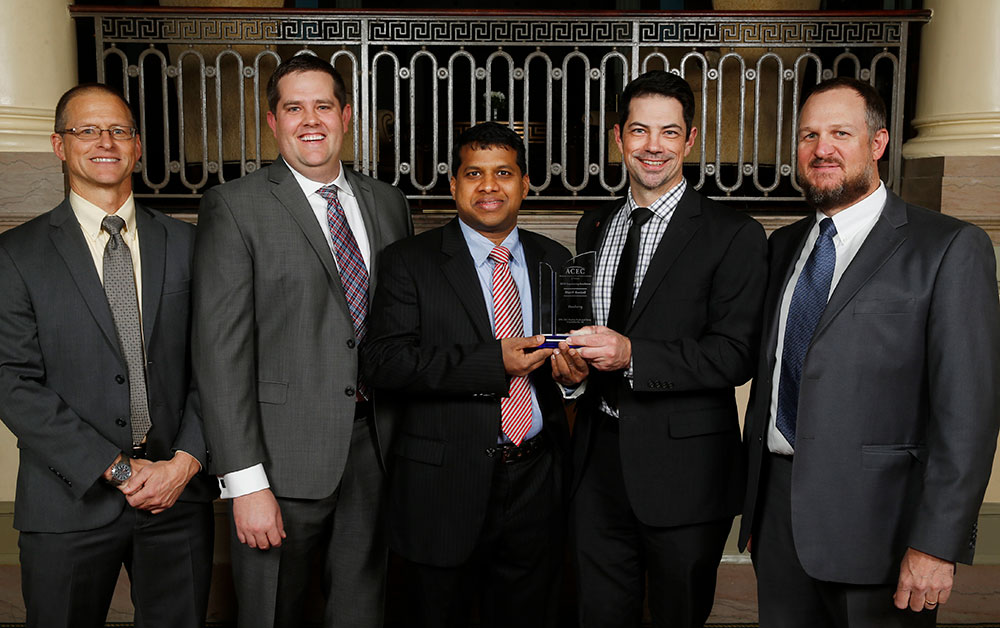 Left to right: Paul Zmick (UVA), Matt Thomas (Dewberry), Sathish Anabathula (UVA), Devin Keeler (Dewberry), and Cameron Palmore (Dewberry). Photo courtesy of ACEC of Virginia.