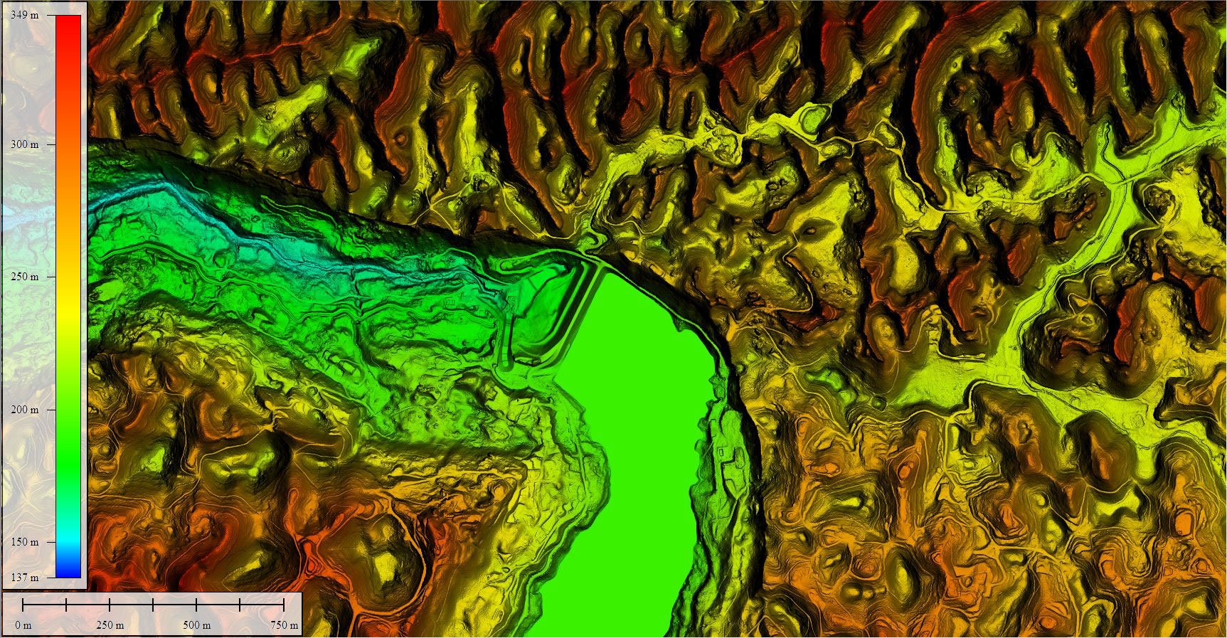 Digital Elevation Model of the Guajataca Lake Dam produced from 2016 topographic lidar data. Photo courtesy of Dewberry.