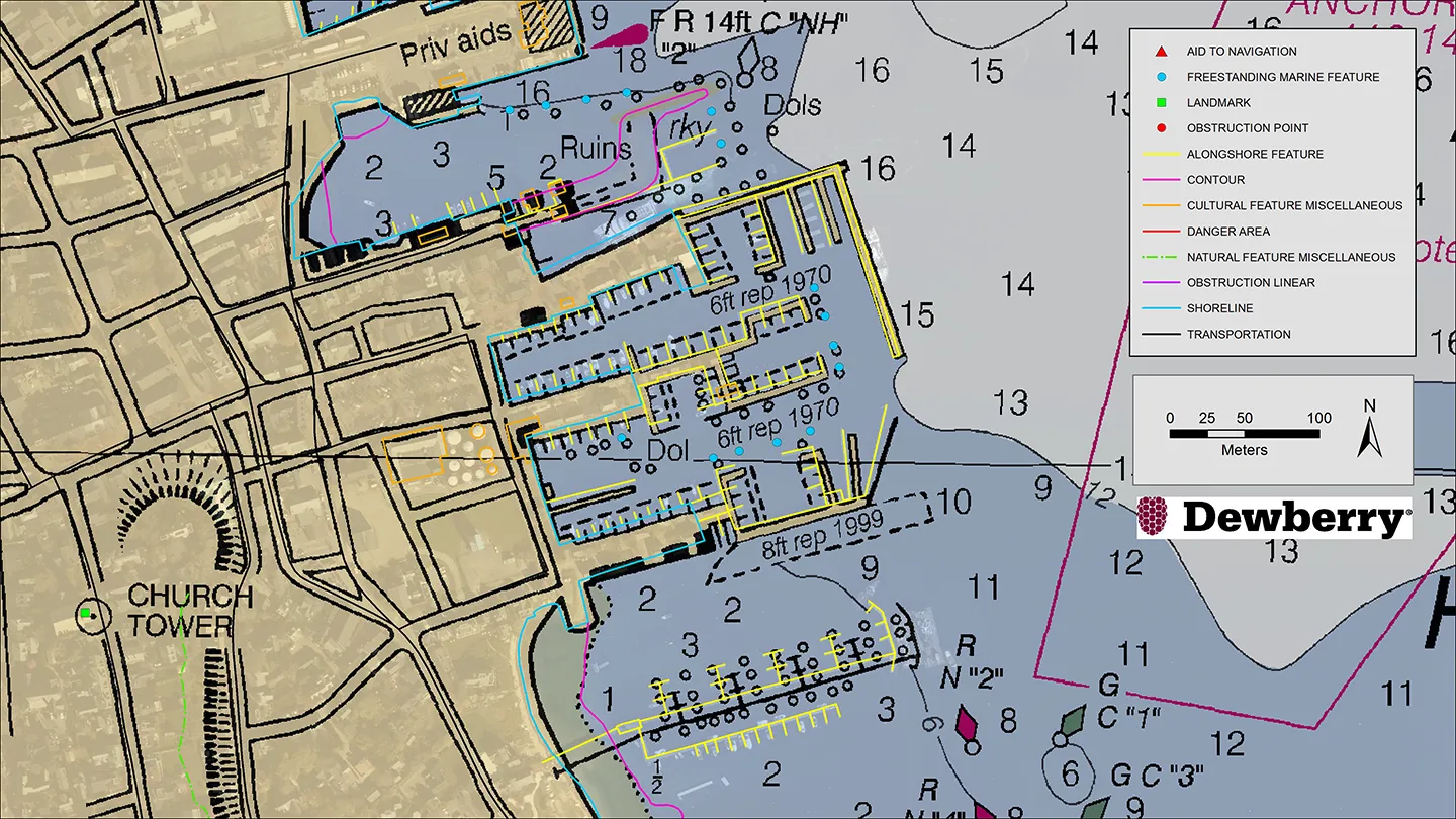 Existing NOAA nautical chart of Nantucket Harbor, Mass., overlaid with revised shoreline features collected by Dewberry. Image courtesy of Dewberry.