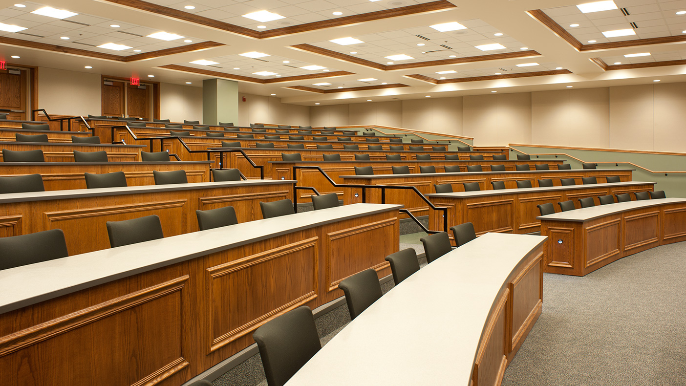 Redesign of the 85,000-SF structure included a new below-grade auditorium between the building’s two wings and a new student plaza above the auditorium.