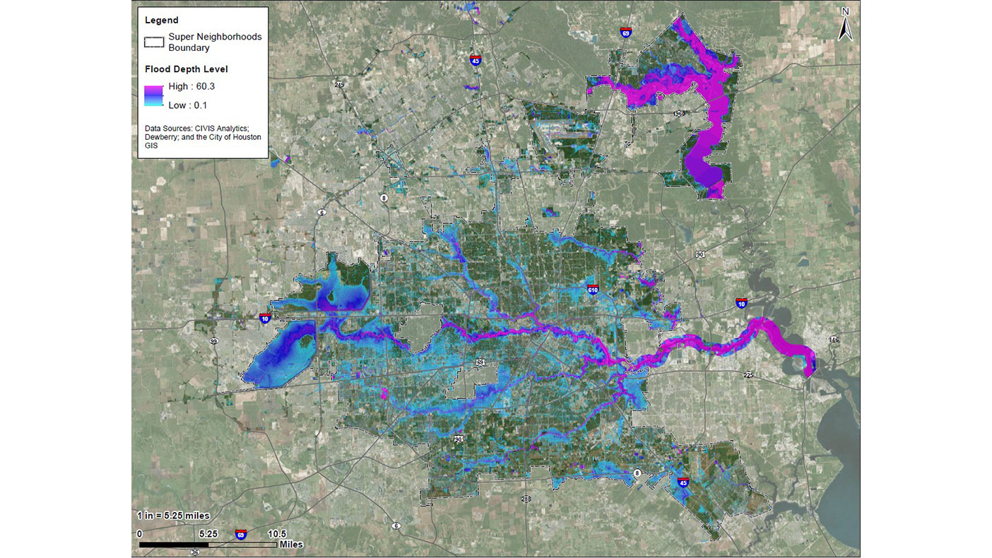 Hurricane Harvey flood model showing peak flood depths across the City of Houston.