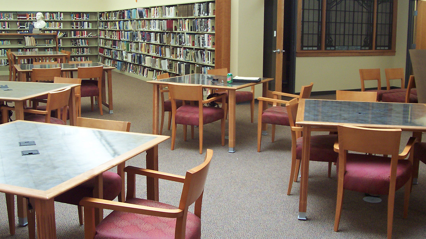 A local history room holds the library’s extensive genealogy and local history collections, and features an installation of the original library’s historic stained glass windows.