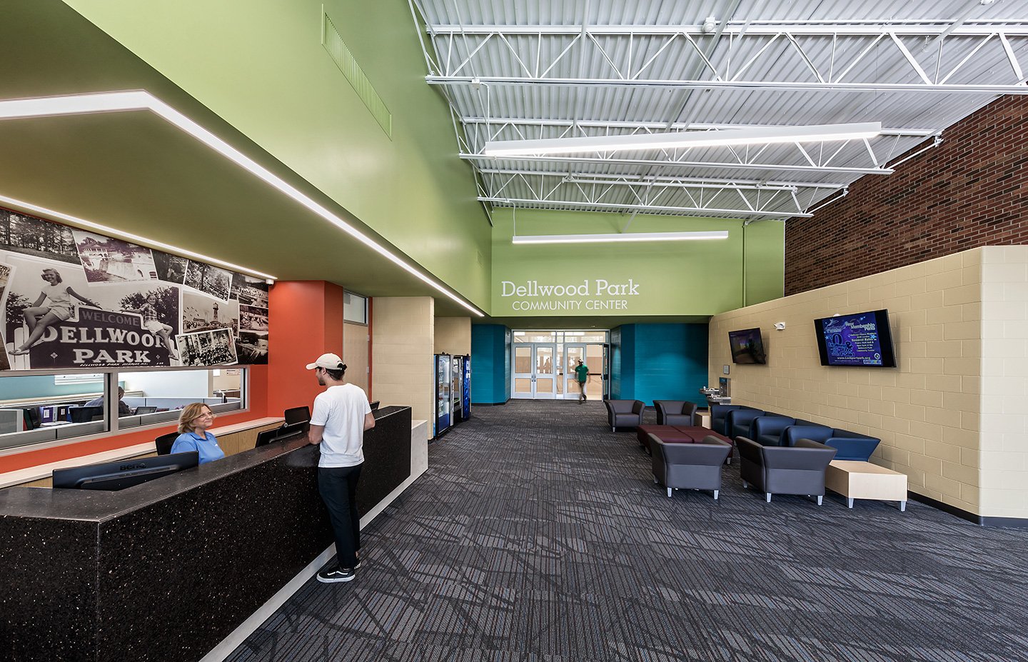 With a focus on being customer-friendly, the community center features welcoming colors throughout the reception and entry lobby.