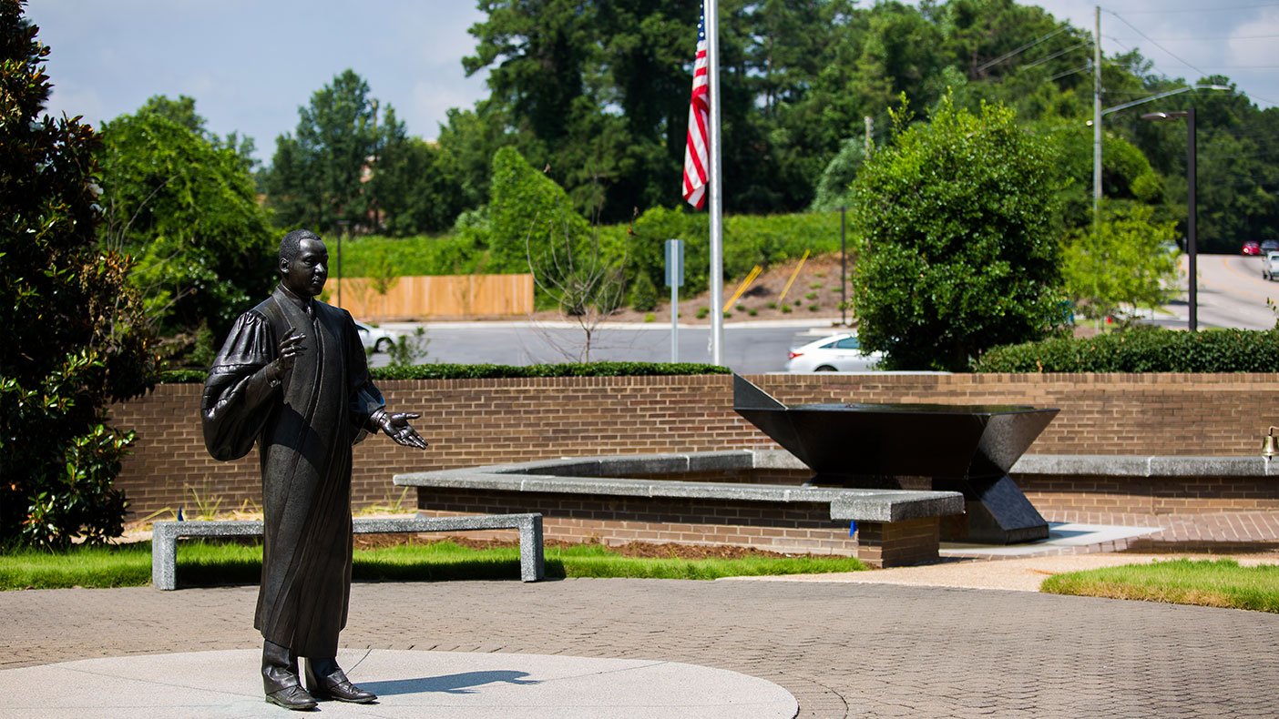 Dr. King’s famous speech is inscribed on a large, stone fountain just east of his life-size statue. 