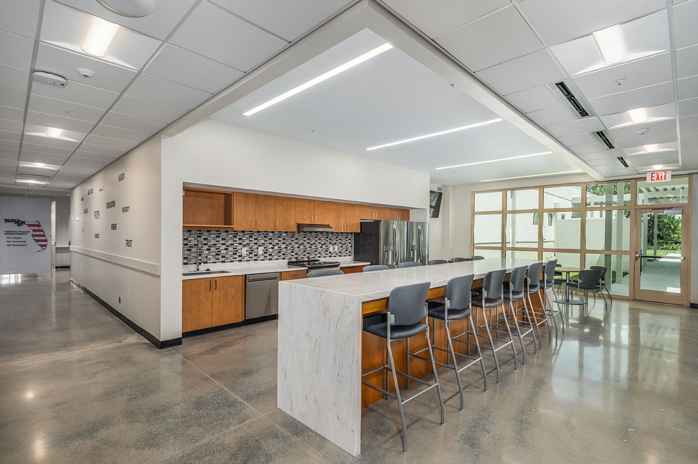 The facility also features a community meeting room open to the public and other organizations, evidence processing and storage space, an incident command center, and training rooms.