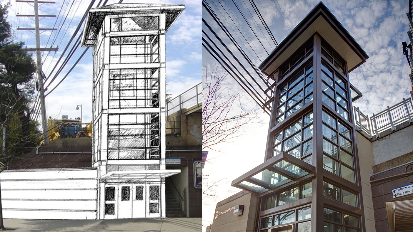 We managed the project from the initial design phase to final construction. Eastbound elevator tower and machine room conceptual sketch (left) and completed installation (right).
