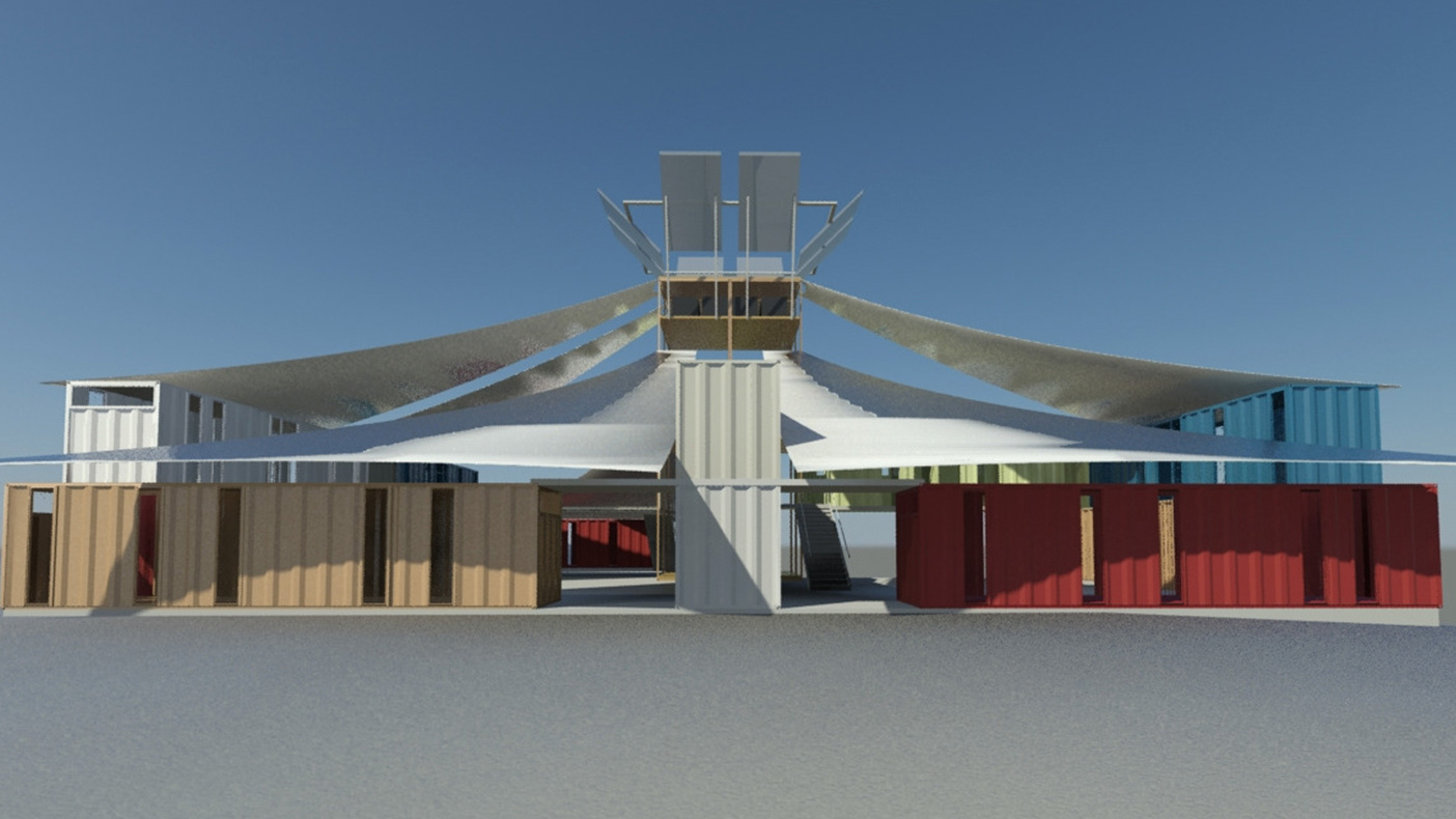 The RPD concept uses cargo containers as a fundamental building component, and can be stacked in a conventional arrangement with canvas tenting covering open areas.