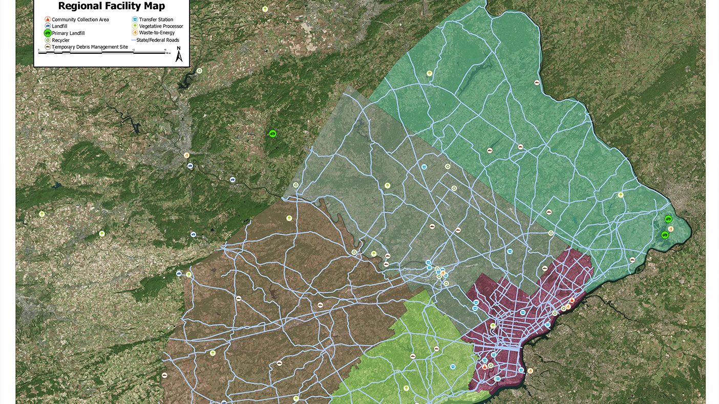 SEPA Regional Facilities map showing where debris processing and storage facilities are throughout the region.