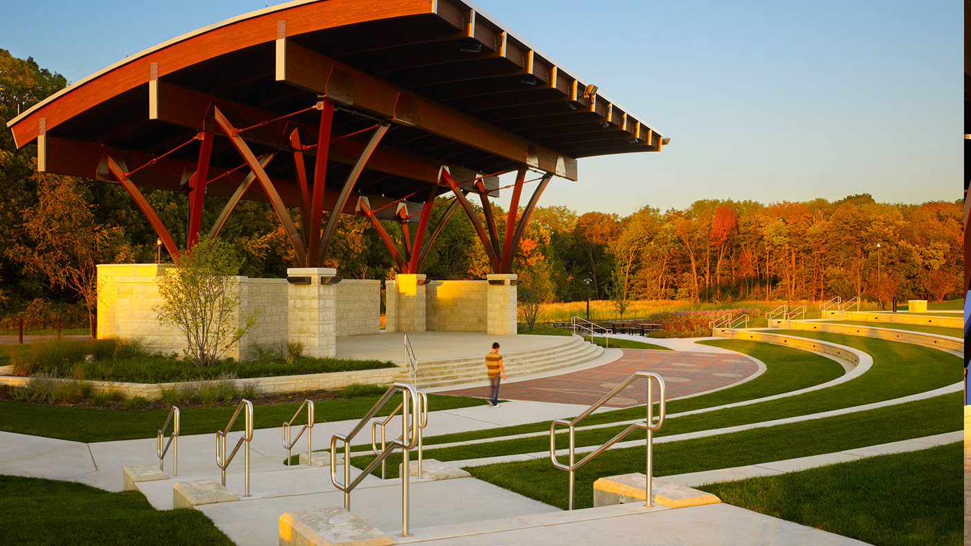 Our design of the new municipal campus included recreational amenities such as a playground, a park, trails, and an outdoor amphitheater for use by community members.