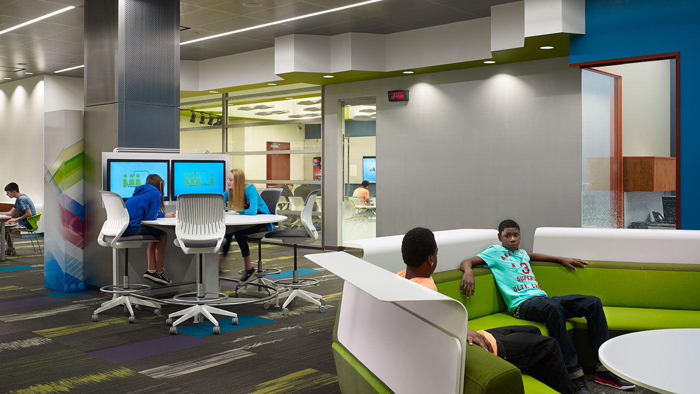 The main area has comfortable lounge furniture for listening to music, power stations to recharge devices, digital white boards, and a separate dedicated sound system.