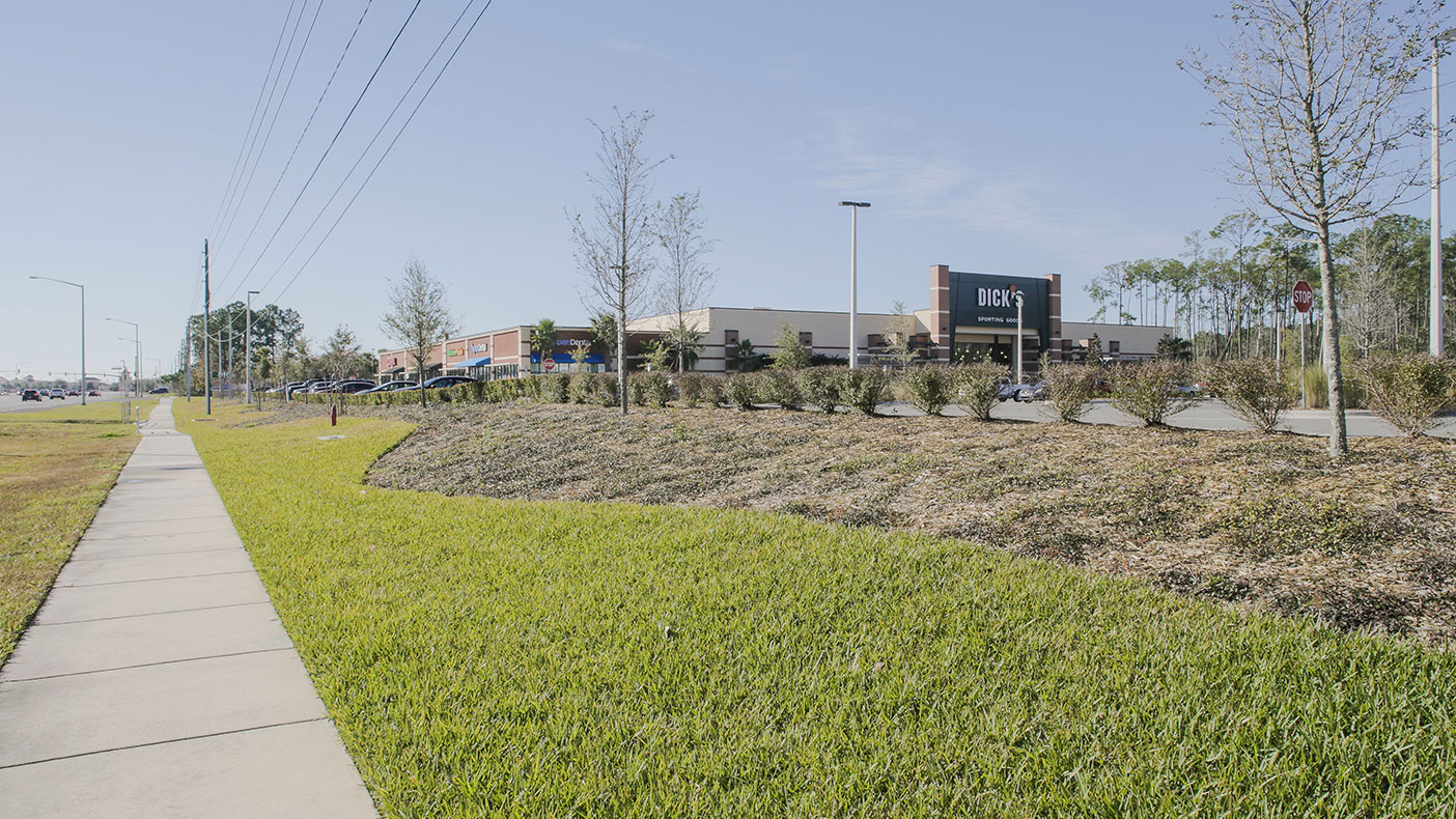 An aesthetically pleasing landscape design facilitates pedestrian use and incorporates a number of stormwater management techniques.