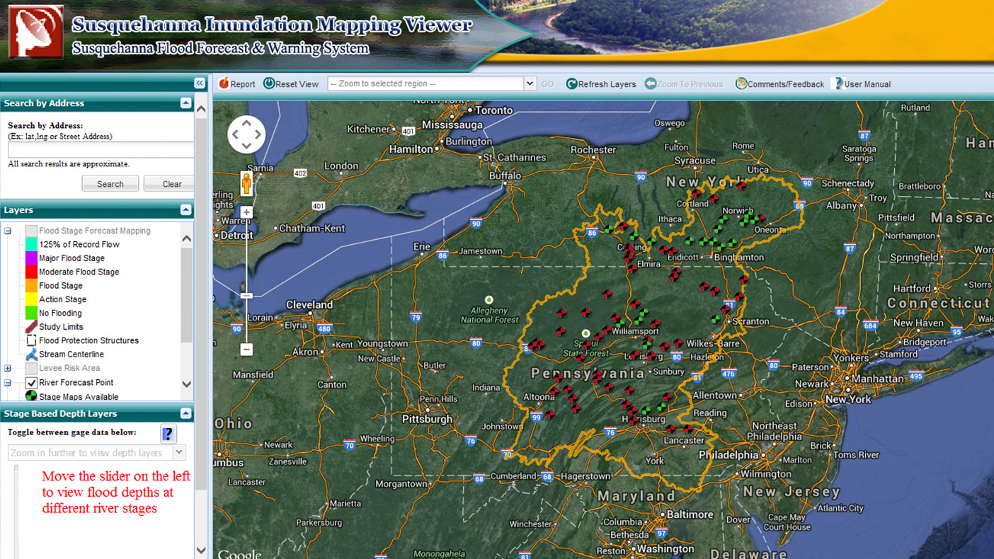 Built around an ArcGIS server, the Susquehanna Inundation Mapping Viewer (SIMV) is a web-based tool that displays hazard information on an easy-to-use Google Map interface that allows users to see potential flood risks to personal property.