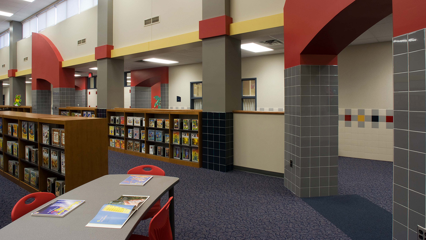 An inviting media center supports reading and instructional activities.