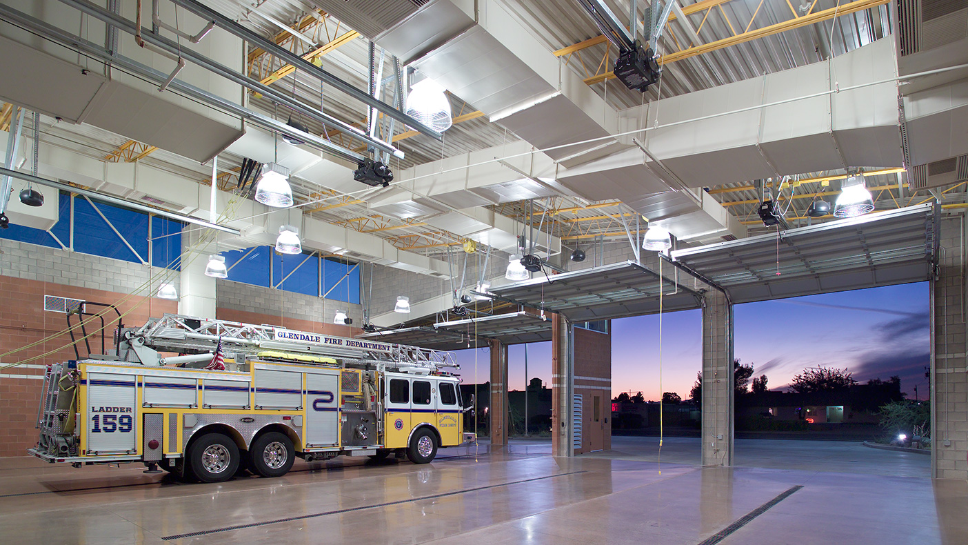 The fire station wing includes two high bays and two truck bays as well as staff accommodations and offices.