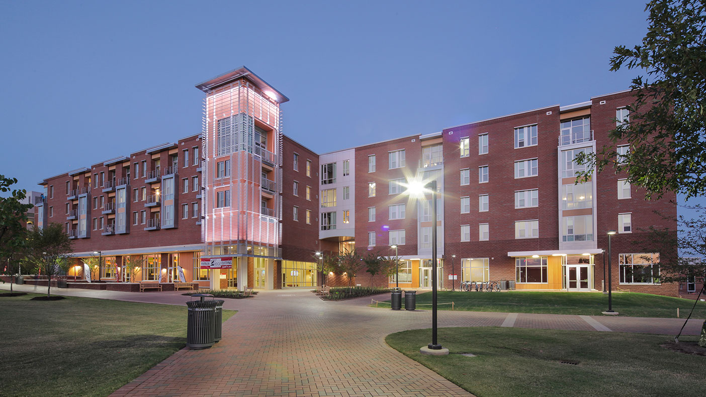 We performed MEP engineering design services for approximately 550,446 square feet of North Carolina State University's LEED Silver apartment-style student housing complex.