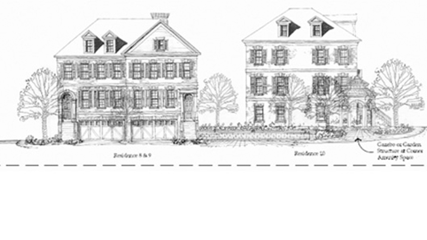 Landscape development focused on identifying areas for special pavement and trees with consideration to the major utility conduit running through the property.