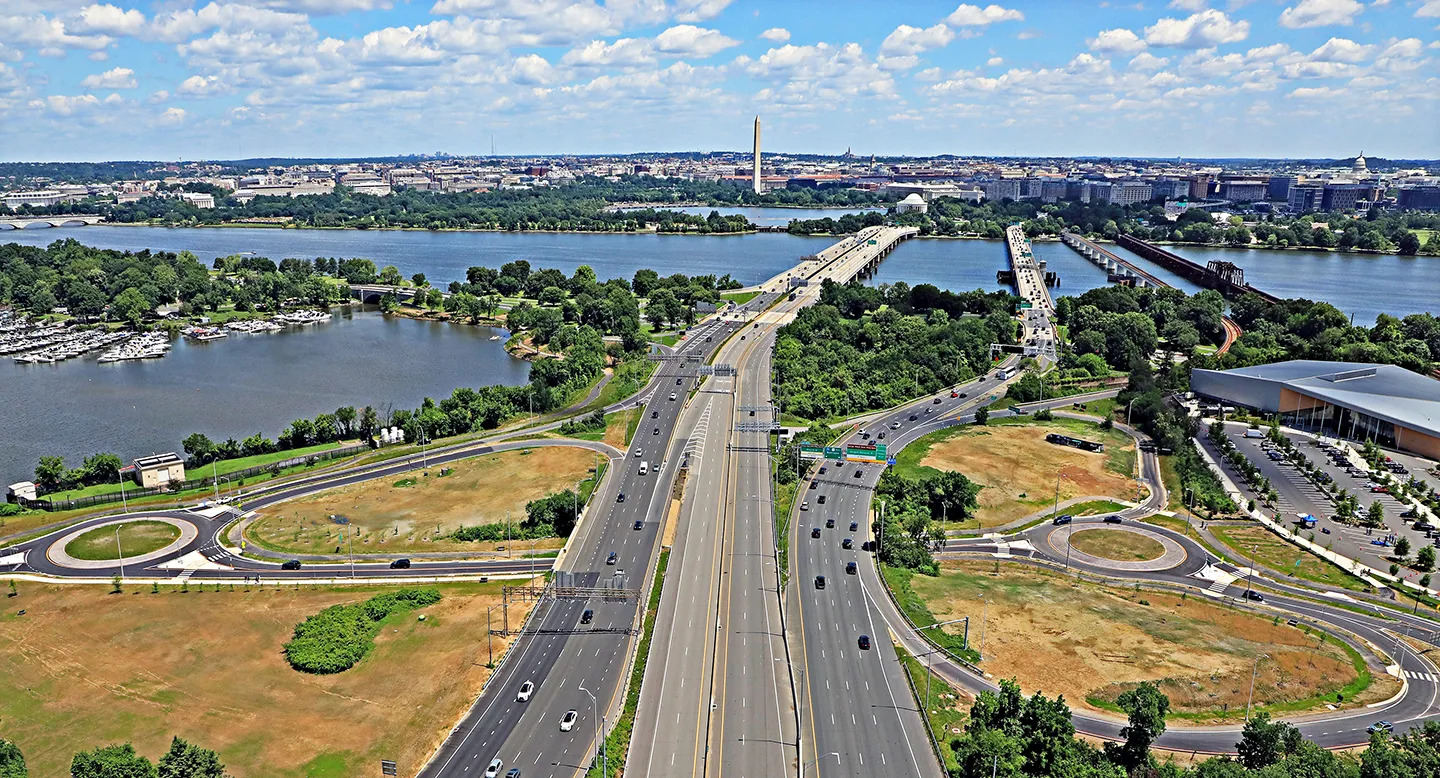 Aerial view of the new roundabouts and I-395 looking northeast into Washington D.C. Photo courtesy Shirley Contracting Company, LLC.