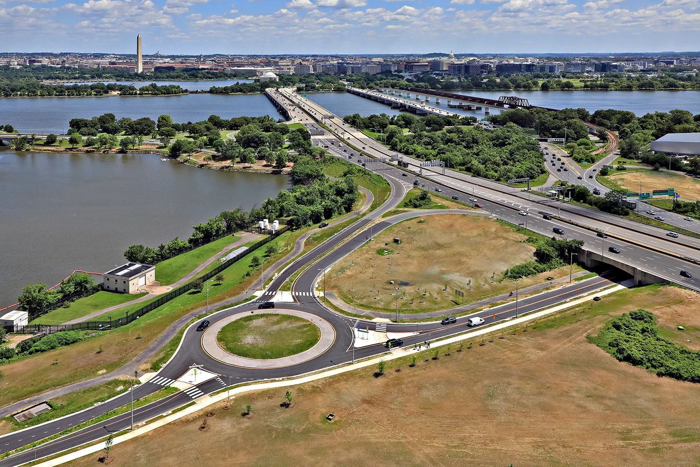 New roundabout design with the shared use path connection to the Mount Vernon Trail in the background. Photo courtesy Shirley Contracting Company, LLC.
