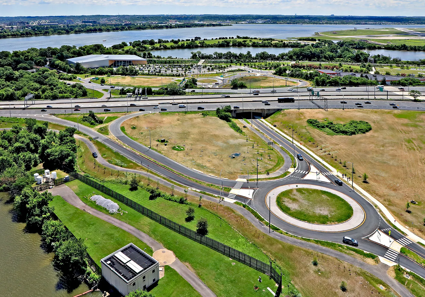The new roundabouts have improved access to recreational activities. The Long Bridge Aquatics and Fitness Center is pictured in the background. Photo courtesy Shirley Contracting Company, LLC.