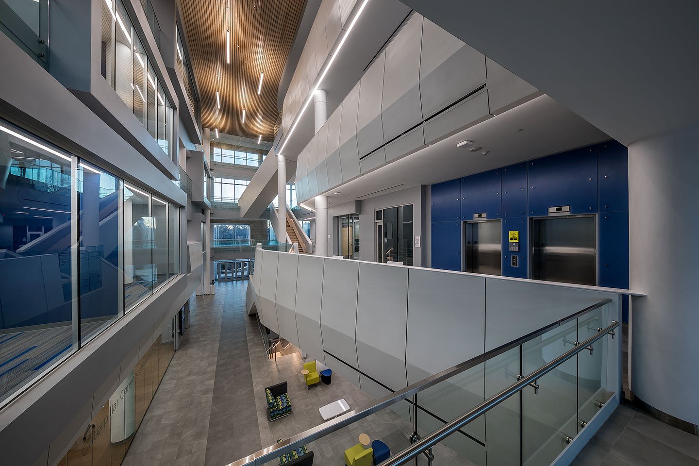 Designed to combine the College of Business and the College of Engineering into a shared facility, the new Bradley University Convergence Center allows each college to maintain separate identities, while sharing common support functions.