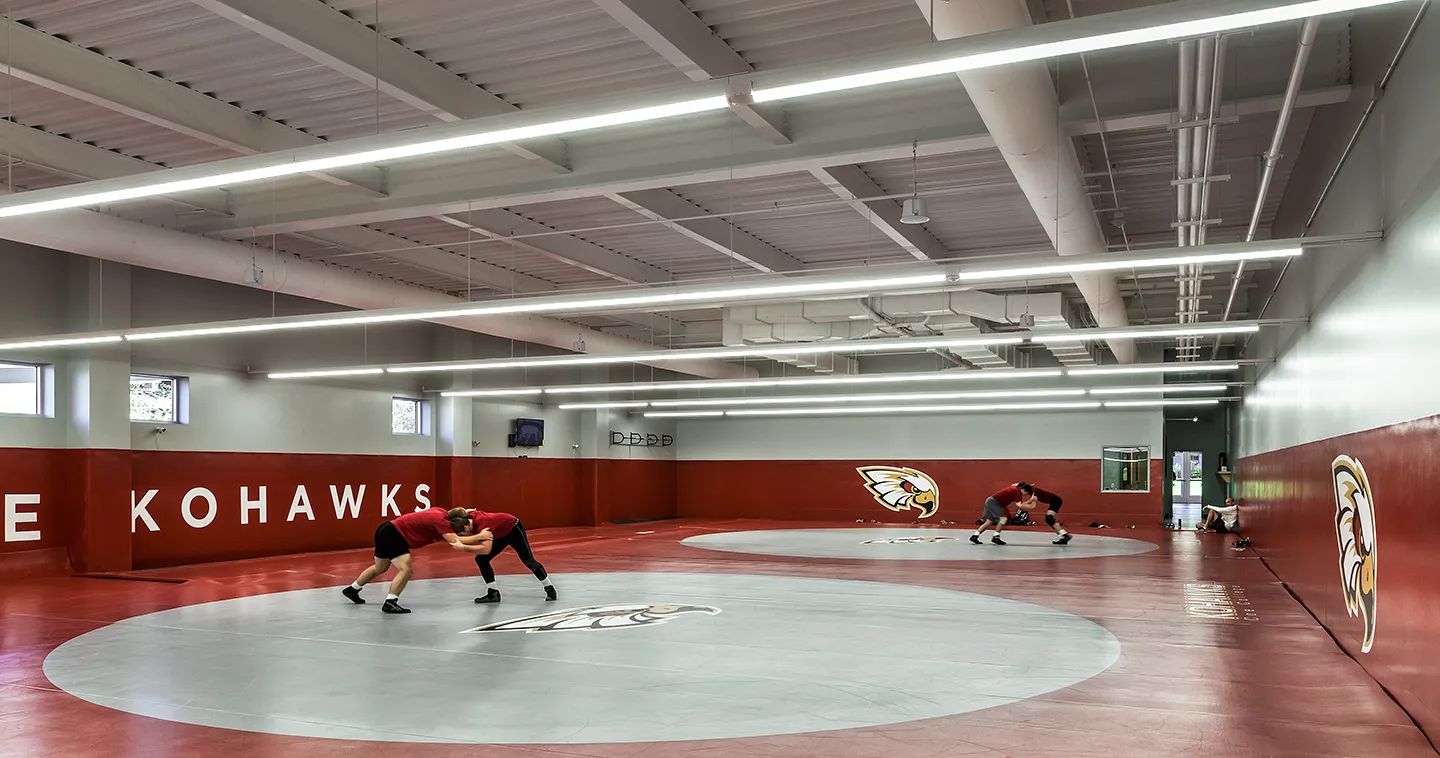 The new addition accommodates the J. Barron Bremner Wrestling Room, the largest in NCAA Division III.