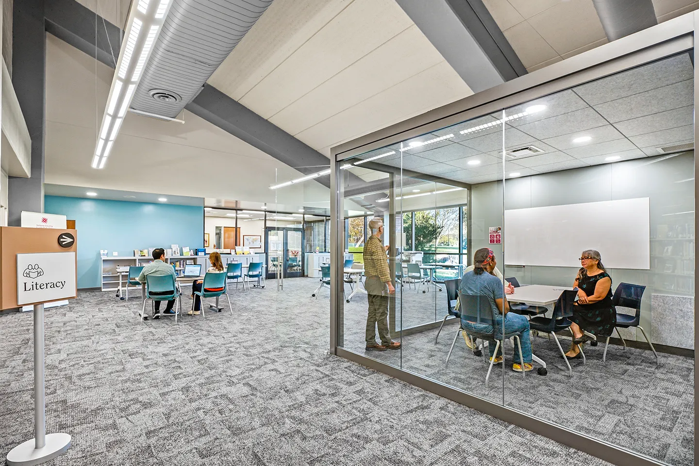 The redesigned Literary Center uses modular study pod fixtures to allow for library growth and changes.