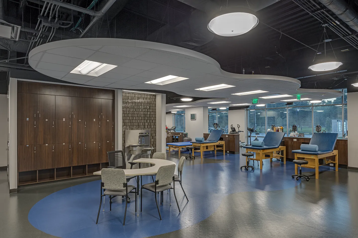 Flexible-use areas for physical rehabilitation at the facility allows for space optimization.