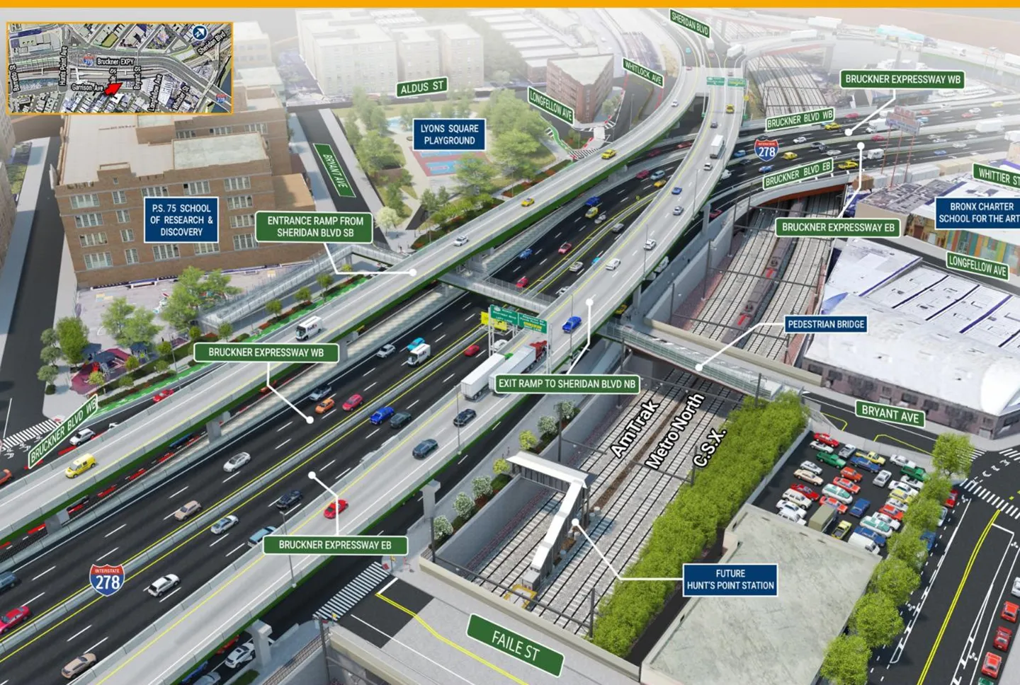 To relieve congestion, a third lane will be added to the expressways. An improved parking lot that includes electric vehicle charging stations will be constructed under Bruckner Expressway near Hunts Point Avenue intersection.