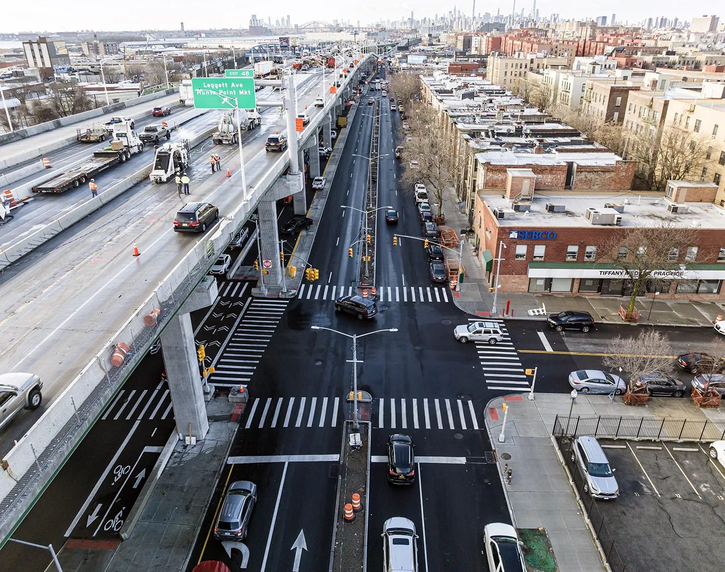 Improved pedestrian walkways and bike lanes at Bruckner Boulevard and Tiffany Street.