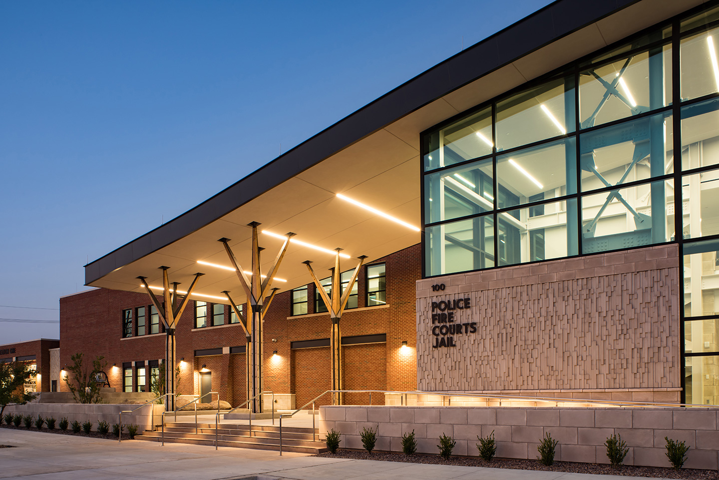 As a public safety facility, the building has a transparency that is inviting during the day and a beacon of light during the night.  This gives the community a sense of welcome, security, and openness.