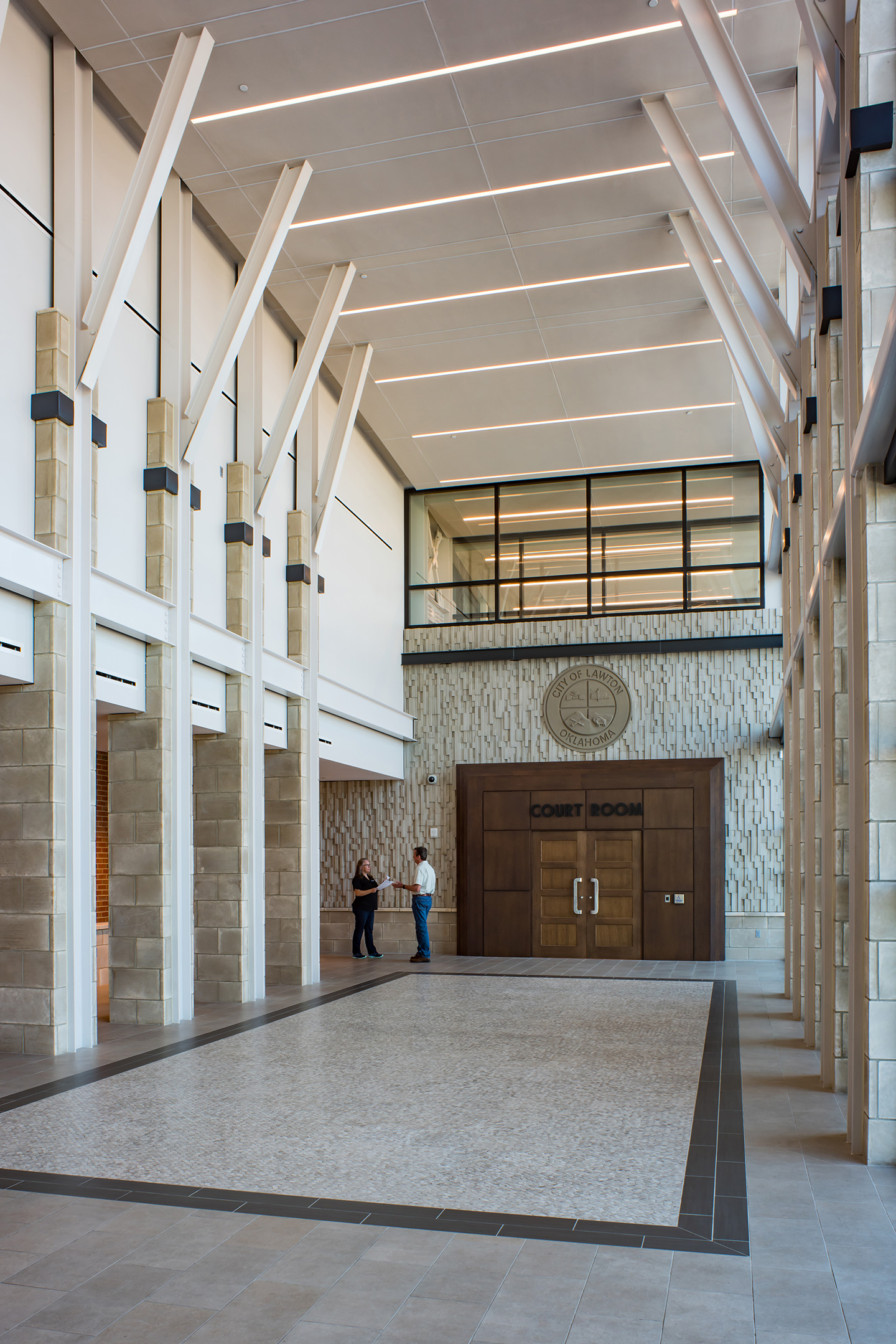 The five central columns in the lobby are representative of each of the five branches of the U.S. Armed Services, offering an opportunity to recognize Fort Sill as an integral part of the community.