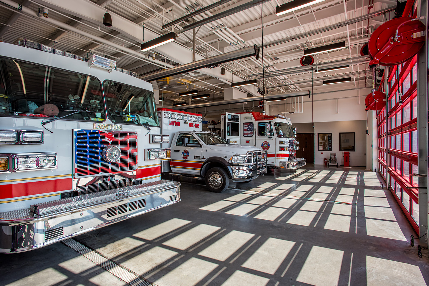 Fire Station Number One is programmed for an operational three-bay facility, including all support areas for equipment and fire operations. Areas for fire training, living, and bunk included.