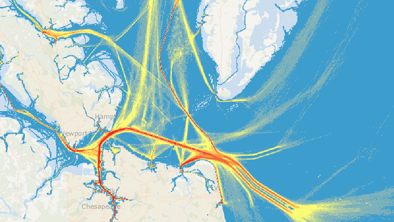 2017 AIS vessel traffic in Chesapeake, Virginia. Image courtesy of Dewberry.