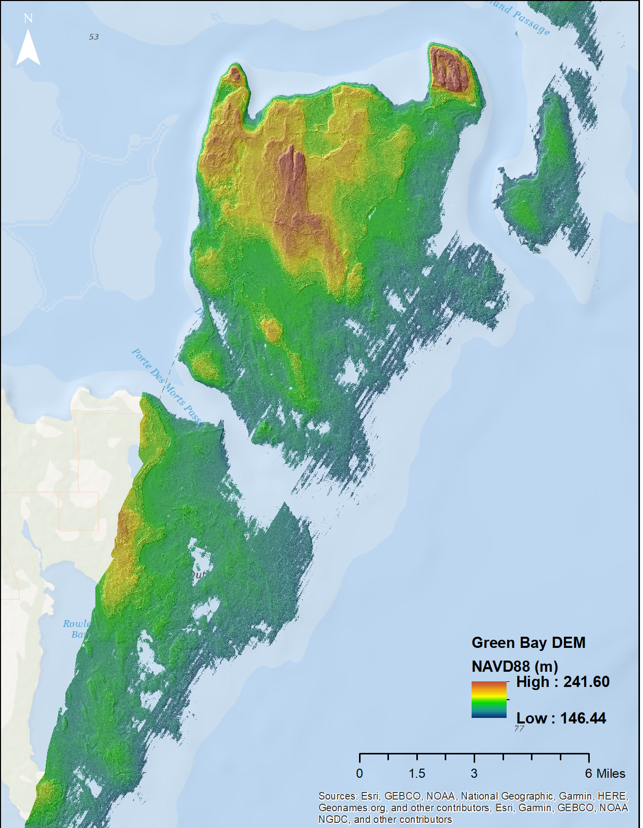 Topobathy lidar digital elevation model (DEM) of full area of interest which covers approximately 200 square miles of the area around the entrance to Green Bay in Lake Michigan and encompassing Washington Island.