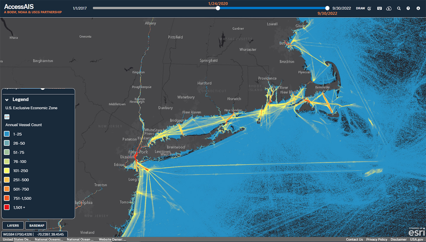 New York and surrounding areas' vessel traffic datasets, ranging from 0-200 nautical miles offshore, represented on the U.S. Coast Guard’s Automatic Identification System (AIS) within MarineCadastre.Gov online resource.