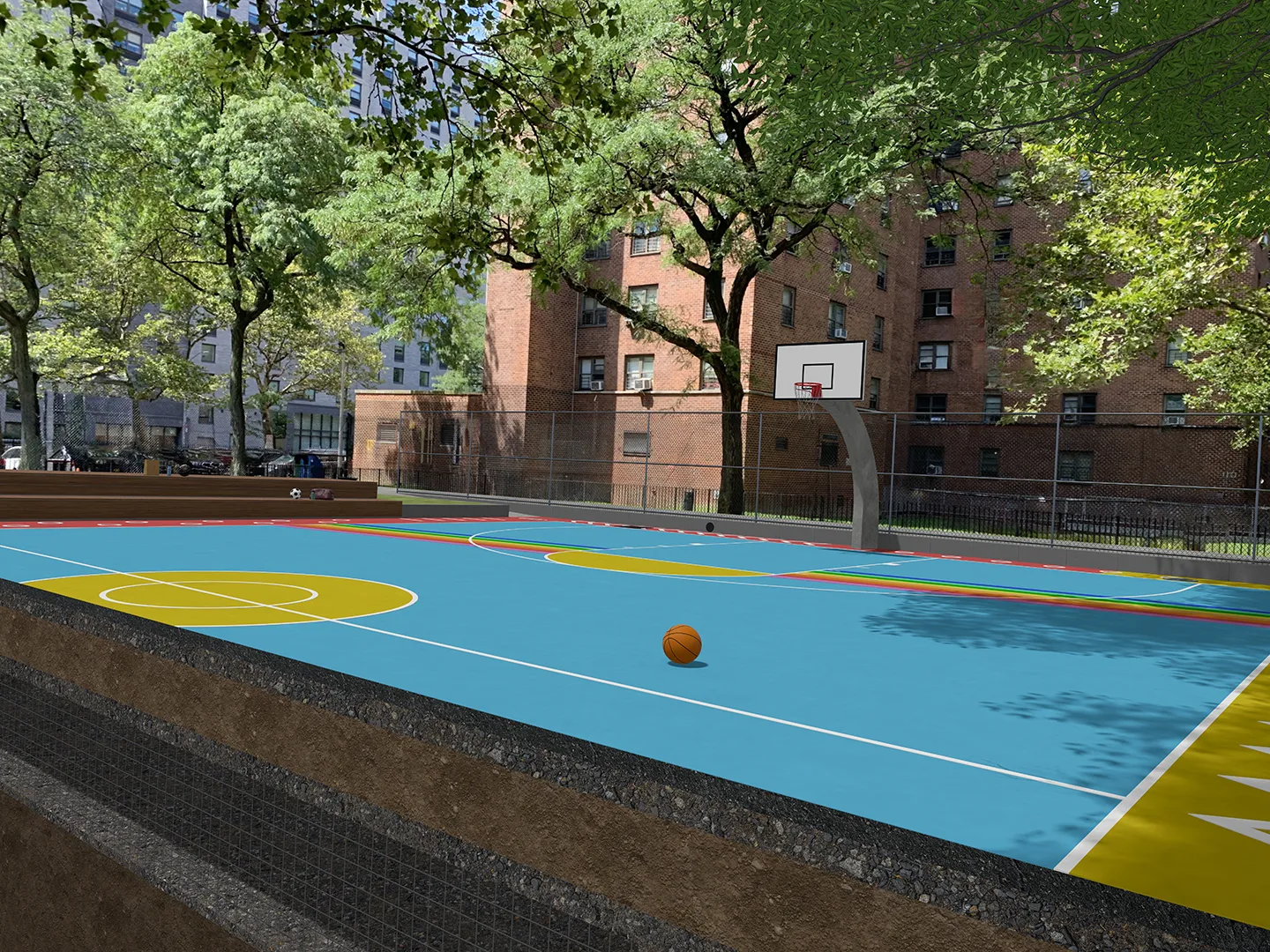An innovative aspect of the design included a water square within the newly sunken basketball court in the North Clinton Houses Campus to provide additional above-ground emergency storage during extreme cloudburst rainfall events.