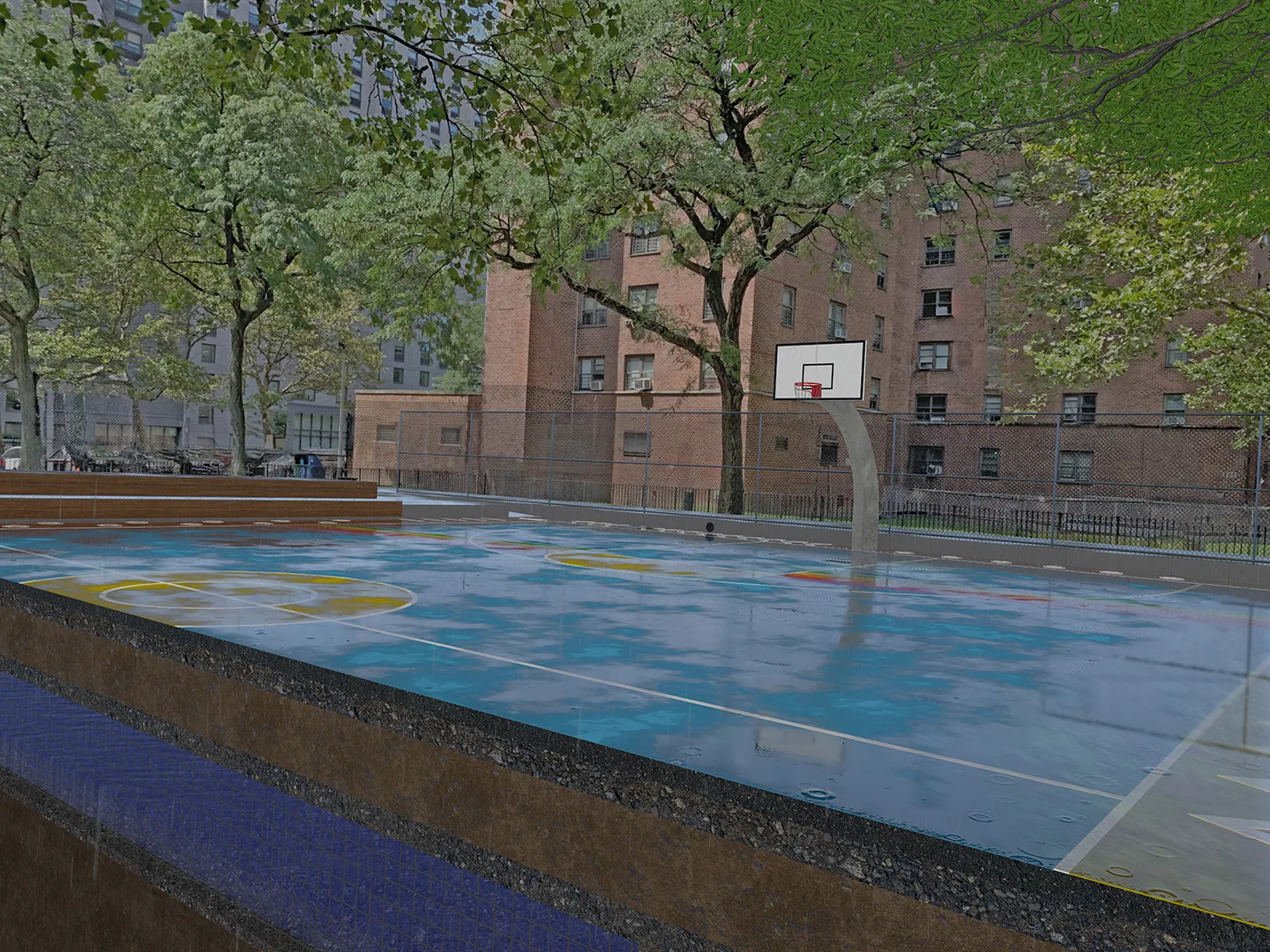 A subsurface detention system below the basketball court absorbs, stores, and transfers water to minimize flooding from heavy rain events.