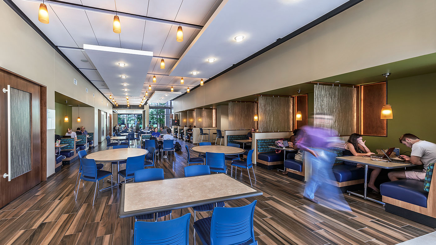 All campus dining facilities have been moved into the new Student Union, including a sports grille and coffee shop.