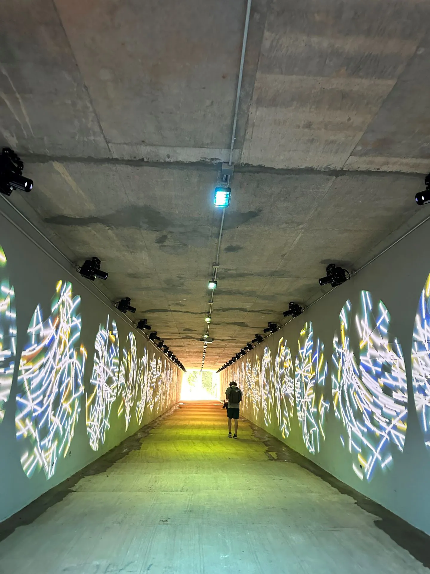 An art installation funded by the ASC includes 26 gobo projectors that display abstract images of the local stream network onto the tunnel walls.