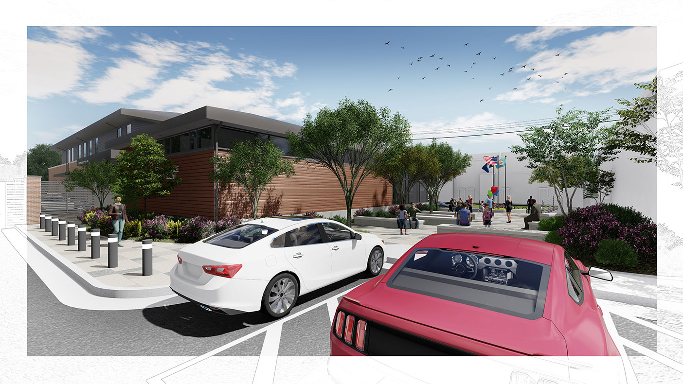 This rendering shows a plaza view from the public parking area.