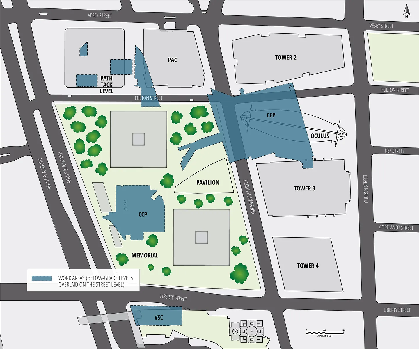 This map highlights work areas below the World Trade Center complex, including the Central Fan Plant, Vehicular Security Center, PATH Track Level, and Central Chiller Plant.